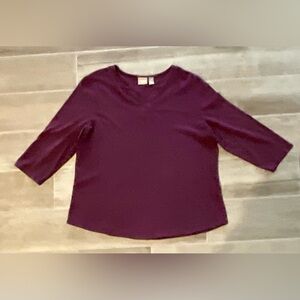 Chico’s Size 2 Maroon Notched Neck 3/4 Sleeve Cotton Top
